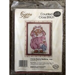 "Clover Bunny Bedtime" 1991 Golden Bee Counted Cross Stitch Kit 60485 Frame Incl